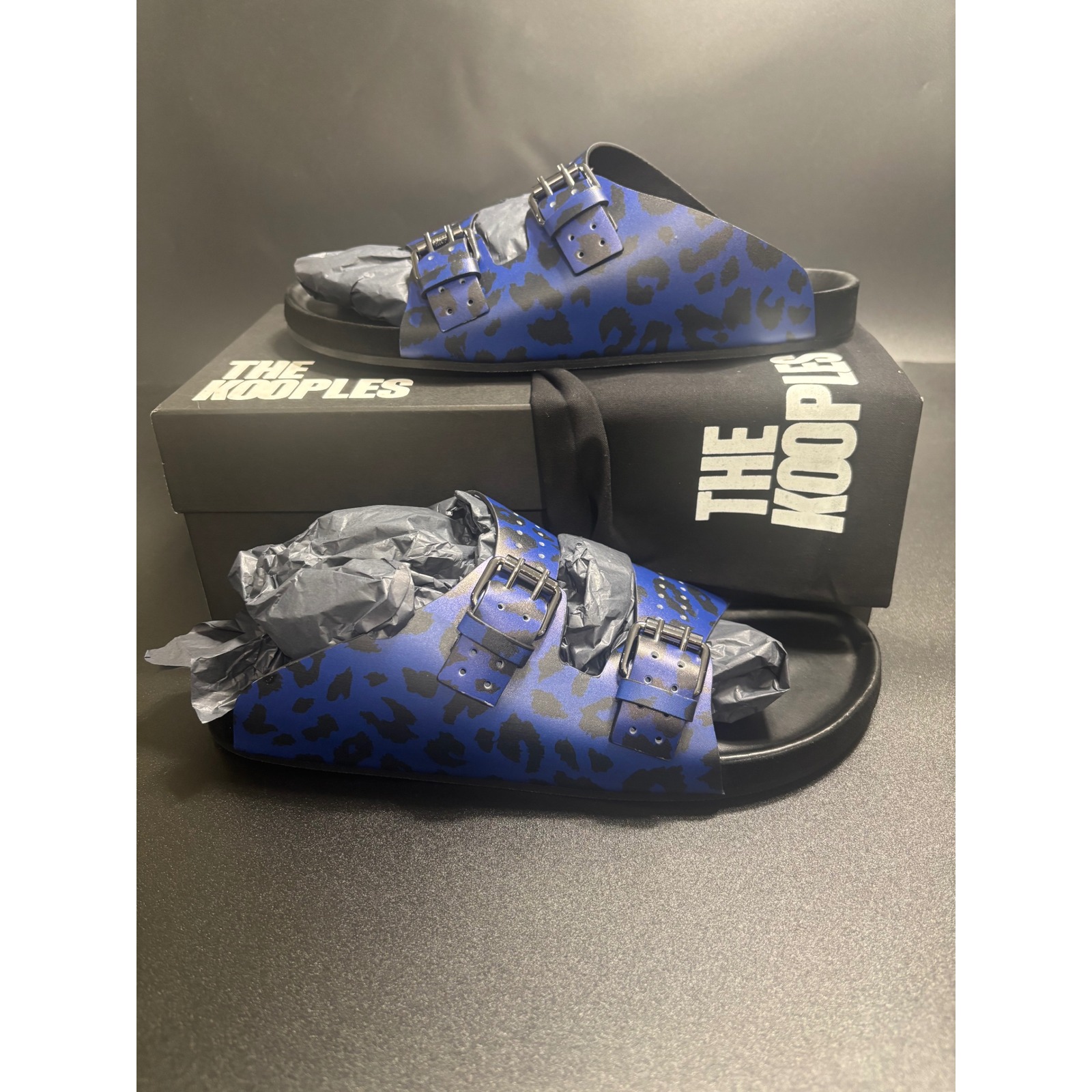 The Kooples New Leopard Print Slides Sandals Buckle Accents Blue Black Fr 45/U11
